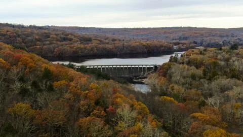 Drone view of a river valley in fall Stock Photos