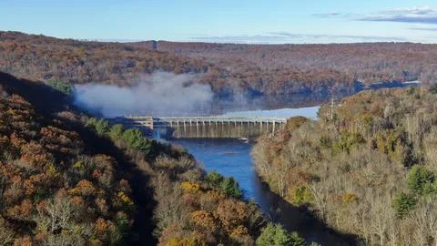 Drone view of a river valley in fall Stock Photos