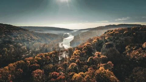 Drone view of a river valley in fall Stock Photos