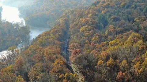Drone view of a river valley in fall Stock Photos