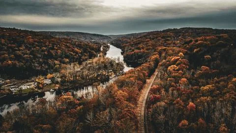 Drone view of a river valley in fall Stock Photos