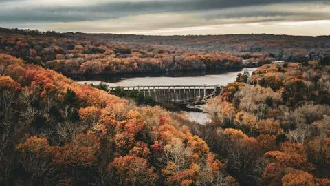 Drone view of a river valley in fall Stock Photos