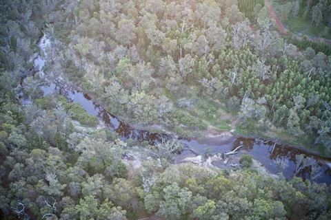 Drone view of river winding through forest Balingup, Western Australia. Stock Photos