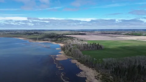 Drone View of a Riverbend with Forest and Farmland from Above Stock Footage 312237656