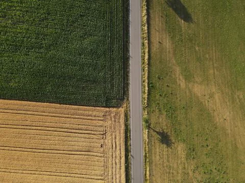 Drone view of a road between crop and grass fields in the countryside Stock Photos