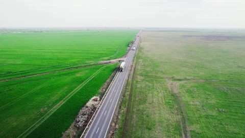 Drone view of a road between green fields Video stock 272993921