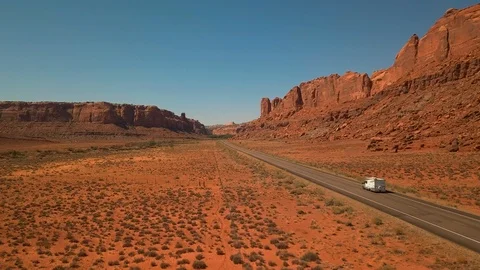 Drone view of road in desert with traffic near Moab - Utah - USA Stock Footage 96227666