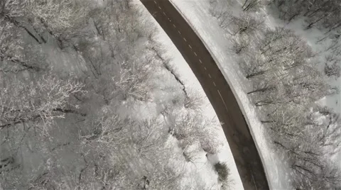 Drone view of a road during winter with snow and trees. Video stock 51385793