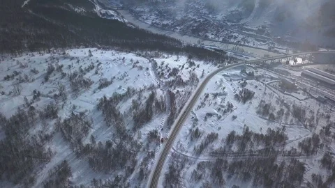 Drone view on road in winter Stockbeeldmateriaal 115894025