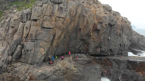 Drone view rock climbing destination in Tung Lung Island, Popular in Hong Kong. Stock Footage 108523642