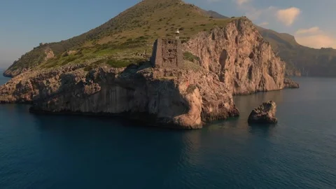 Drone view of the rocks and lighthouse of Punta Campanella in Italy Stock Footage 272751838