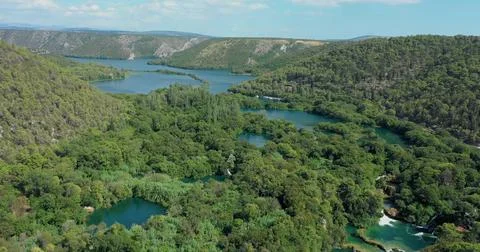 Drone view of Rolling Hills and a Winding River Stock Photos