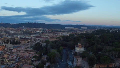 Drone view - Rome, Villa Borghese to Flaminio tracking forward - twilight Stock Footage 103630772