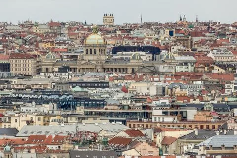 Drone view of the rooftops of downtown Prague, Czech Republic Stock Photos