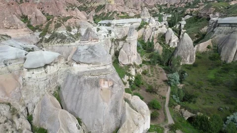 Drone View of Rounded Volcanic Mountains and Tufa Pillars 스톡 동영상 336488780