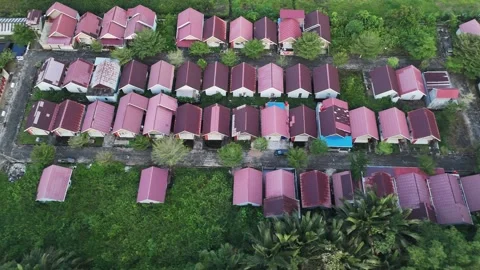 Drone View of Rows of Red Roof Houses Surrounded by Lush Trees Stock Footage 334210322