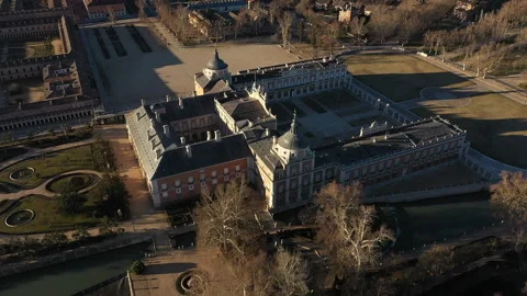 Drone view of the Royal Palace and gardens of Aranjuez, Spain 4K Stock Footage 288094876
