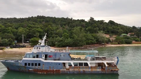 Drone View of Rusty Abandoned Ship Anchored Near Tropical Shore, Koh Rong Stock-Footage 347316789