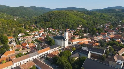 Drone View of Saint John the Baptists Church in Visegrad Hungary Stock Photos