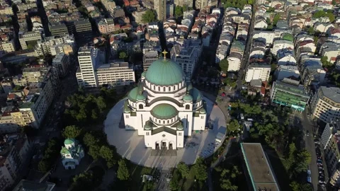 Drone view of Saint Sava temple, one of the largest Orthodox churches in the Stock Footage 249626589