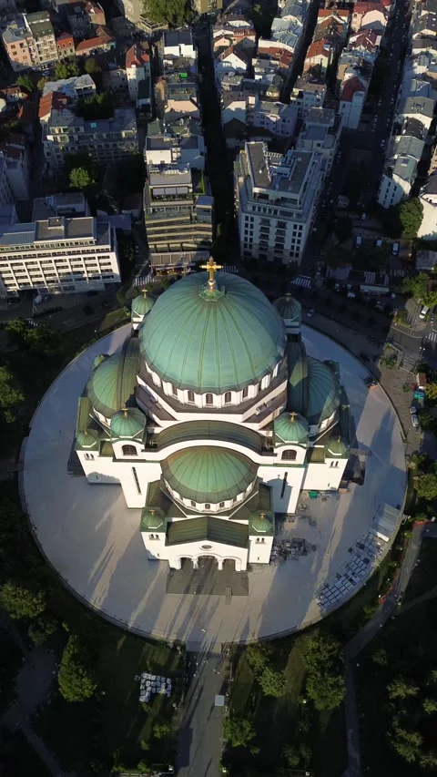 Drone view of Saint Sava temple, one of the largest Orthodox churches in the Stock Footage 250091115