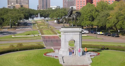 Drone view of the Sam Houston Statue in Houston Hermann Park Stock Footage 168806716
