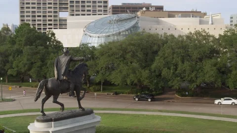 Drone view of the Sam Houston Statue in Hermann Park in Houston, Texas Stock Footage 200105310