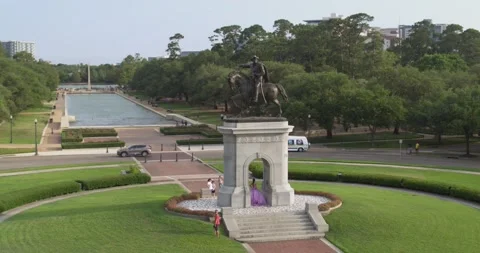 Drone view of the Sam Houston Statue in Hermann Park in Houston, Texas Stock Footage 200657555
