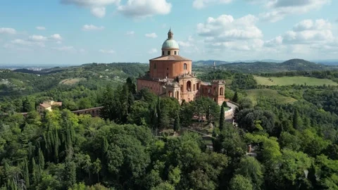 Drone view of San Luca Basilica surrounded by green hills near Bologna, Italy Stock Footage 335093676