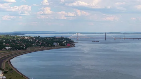 Drone View of San Roque González de Santa Cruz international bridge in Stock Footage 306050433