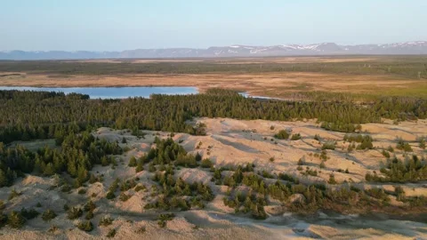 Drone View of Sand Dunes, Forest, and Distant Mountains Stock Footage 253424756