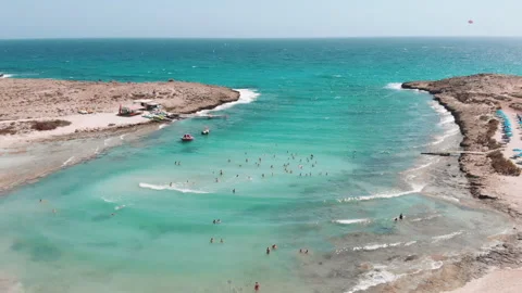 Drone view of Sandy Bay beach in Ayia Napa, Cyprus. Moving backwards Stock Footage 158109770