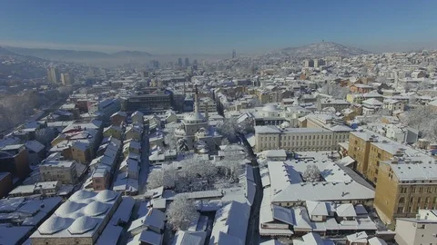 Drone view of Sarajevo, flight over the Bascarsija - Snow covered Sarajevo Stock Footage
