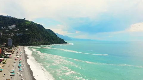 Drone view Sarpi beach front Black sea coast at sunny hot mid summer day, Geo Vídeos de archivo 157306710