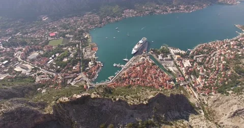 Drone view of the sea and the old town of Kotor Stock Footage 165648107