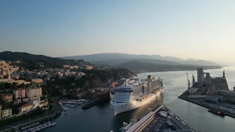 Drone view of the sea bay into which the cruise liner enters. Stock Footage 252551741