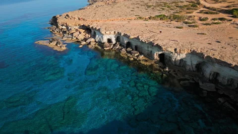 Drone view of the sea caves edge at Cape Cavo Greco in Cyprus. Stock Footage 341541802