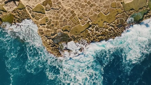 Drone view of sea waves and coastline, salt pans, basin. Mediterranean sea Vídeo Stock 327154528