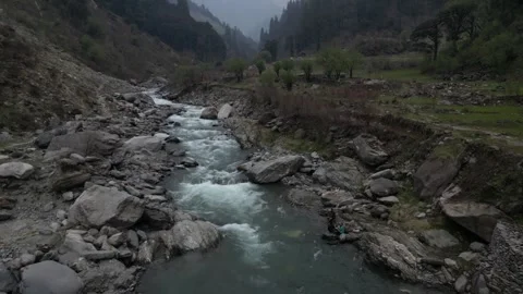Drone View of Serene River Flowing Through Himalayan Green Valley Video stock 313382447