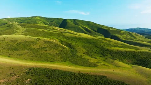 Drone view of serene rolling hills with golden grass and clear sky in Kyrgyzstan Stock Footage 329051855