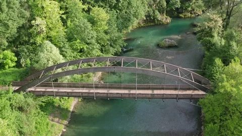 Drone view of Serio river and old bridge Stock Footage 134283786