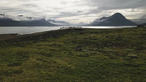 Drone view of sheep walking on a small bridge with a view on a beautiful subarct Stock Footage 140722684