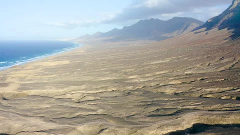 Drone view of the shore and hills in Cofete. Stock Footage 292002533