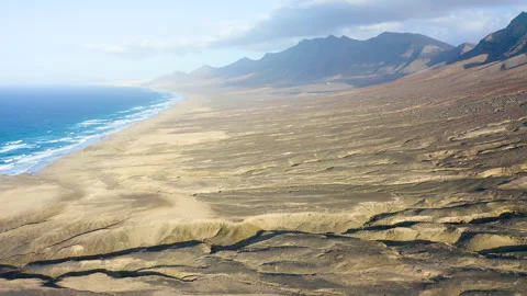 Drone view of the shore and hills in Cofete. Stock Footage 292002952