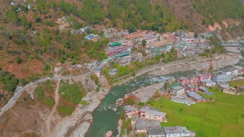 Drone view shot of Narayanbagh market on the banks of Pindar river Stock Footage 304420355