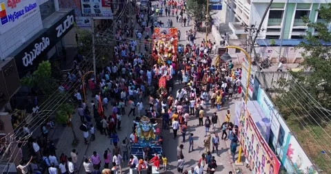 Drone view shows Ganesha immersion filled with large Devotees and festivity Stock Footage 340084284