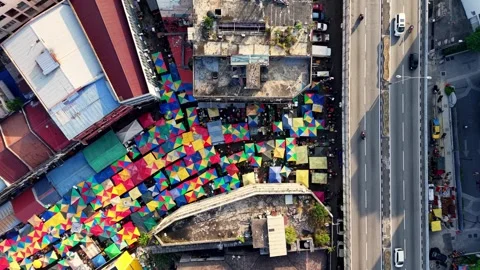 Drone view shows Pasar Pudu morning market with colorful tents Stock Footage 332091452