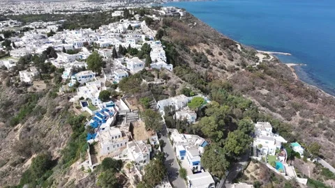 Drone View of Sidi Bou Said and Coastal Marina Stock Footage 301964465