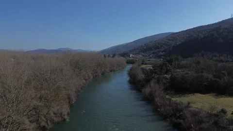 Drone view of the Sil river, with the castle of Arnado in the background. Stock Footage 233432601