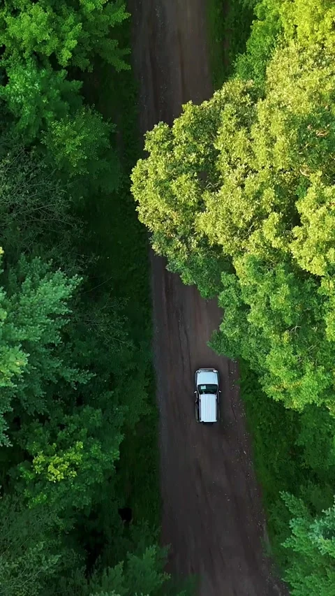 Drone view of a silver car traveling on a winding dirt road surrounded... Vídeo Stock 344332645
